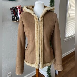 Sonoma Penny Lane Faux Fur Shearling Suede Embroidered Tan Aviator Bomber Coat S